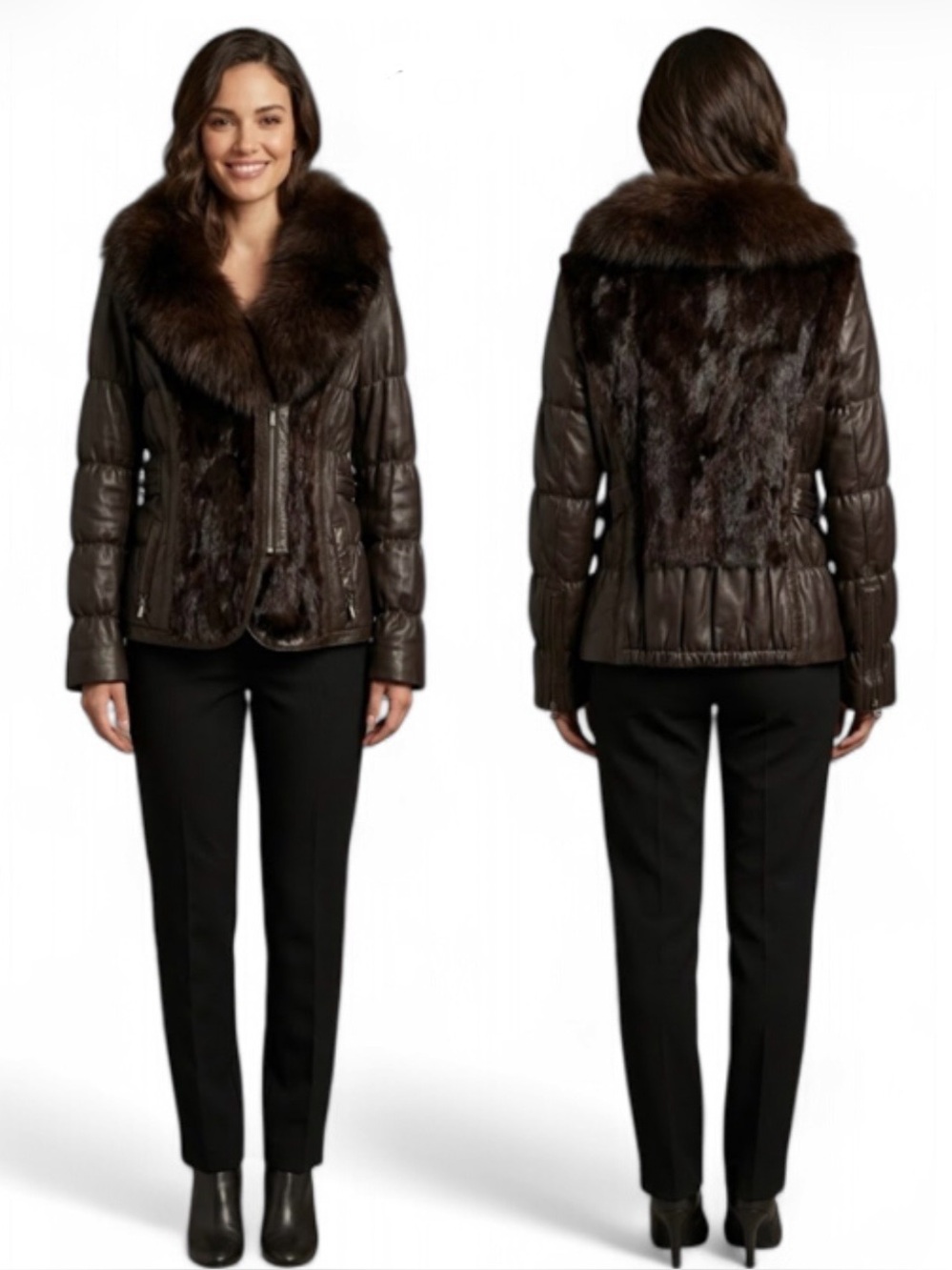 Vintage Cache Size Large - Dark Brown Lamb Leather W/ Fox fur Collar Jacket